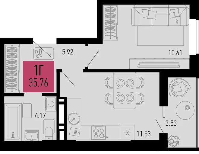 Планировка 1-комн. квартира, 35.76 м² ЖК «Столицыно» Планировка 1-комн. квартира, 35.76 м² ЖК «Столицыно»