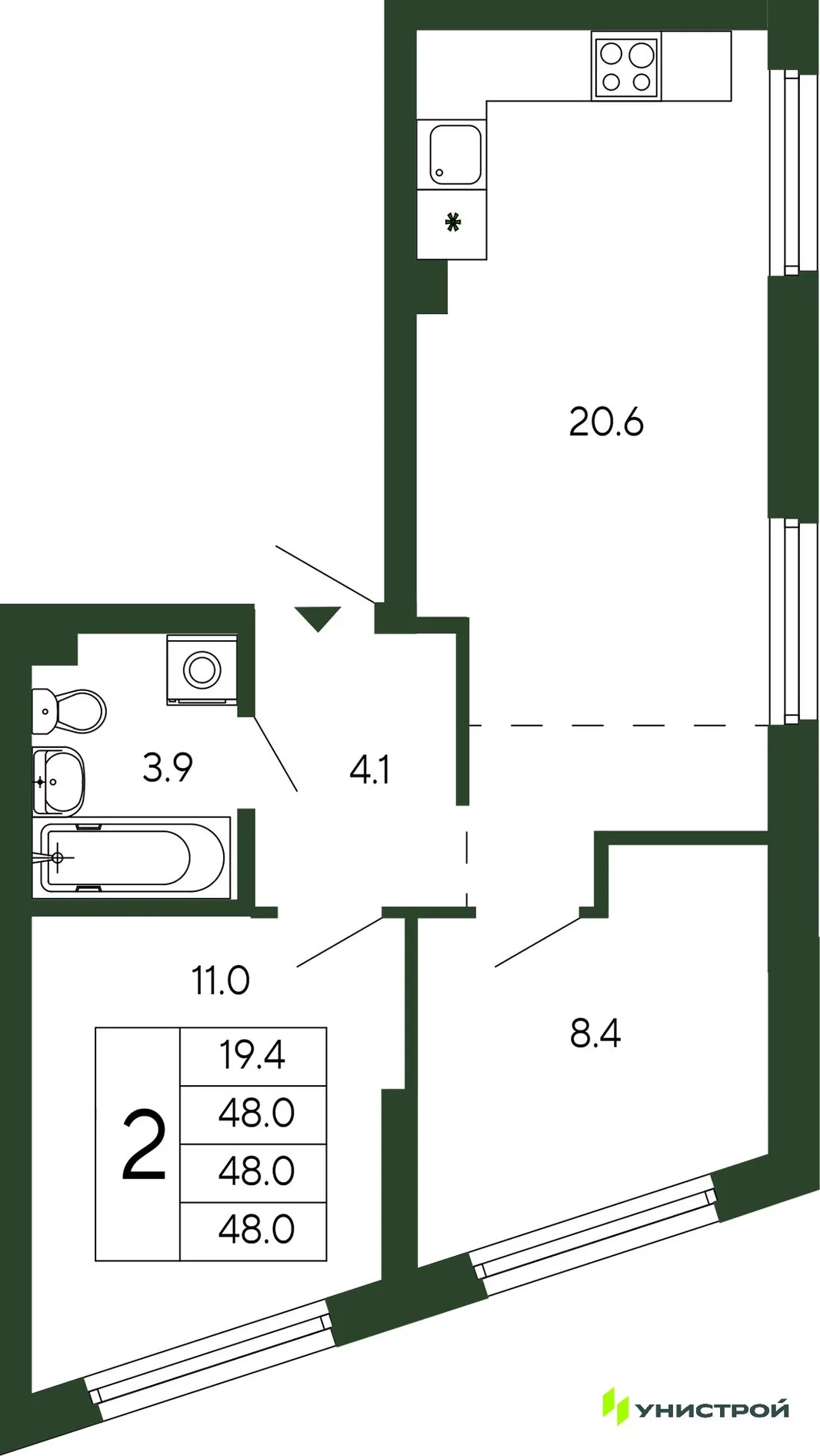 Планировка 2-комн. квартира, 48 м² ЖК «Парковый квартал 2.0»
