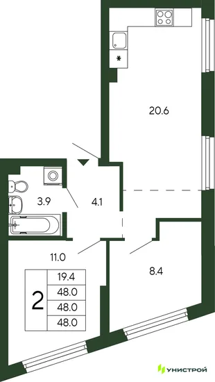 Планировка 2-комн. квартира, 48 м² ЖК «Парковый квартал 2.0»