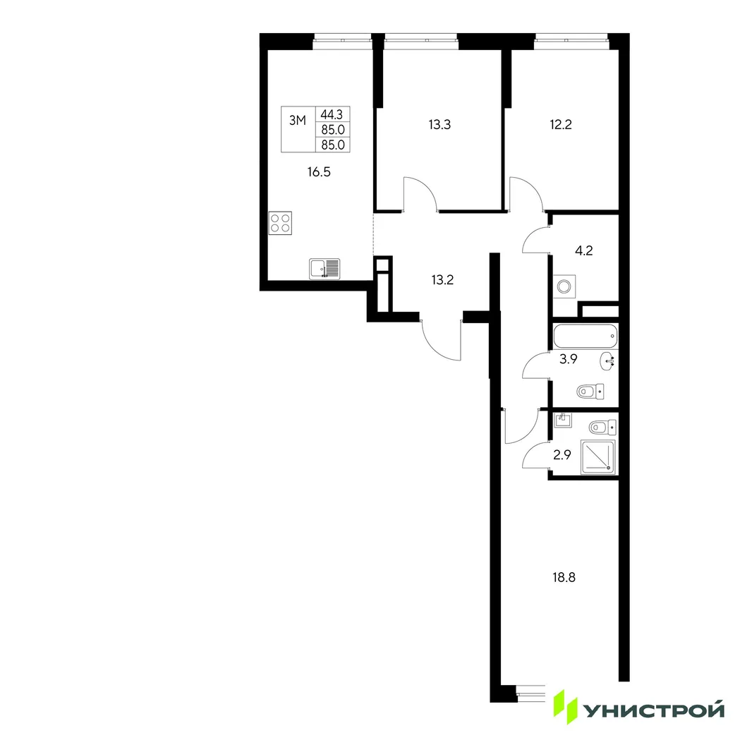 Планировка 3-комн. квартира, 85 м² ЖК «Стадиум»