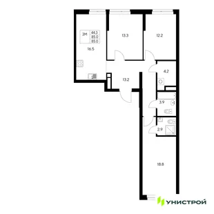 Планировка 3-комн. квартира, 85 м² ЖК «Стадиум»