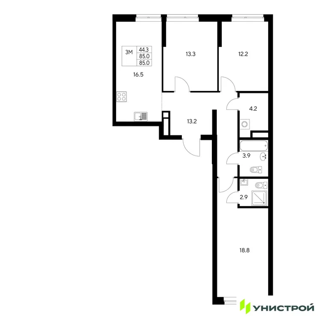 Планировка 3-комн. квартира, 85 м² ЖК «Стадиум» Планировка 3-комн. квартира, 85 м² ЖК «Стадиум»