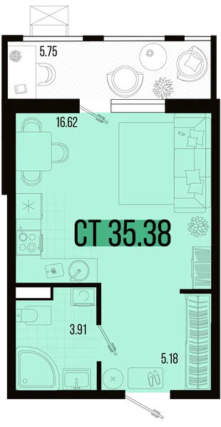 Планировка Студия, 32.5 м² ЖК «Цветной бульвар»