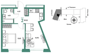 Планировка 2-комн. квартира, 39.31 м² ЖК «Авторский»