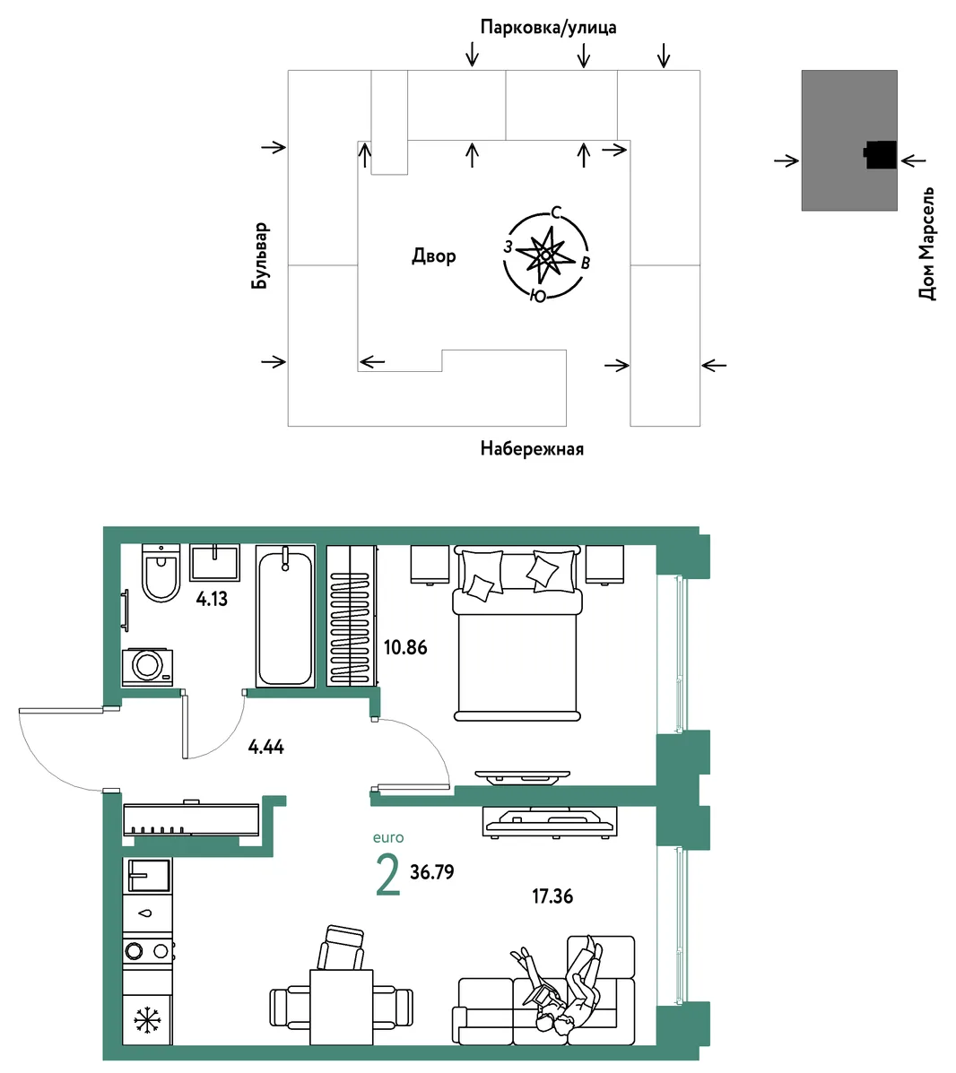 Планировка 2-комн. квартира, 36.79 м² ЖК «Европейский берег 2.0»