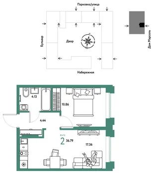 Планировка 2-комн. квартира, 36.79 м² ЖК «Европейский берег 2.0»