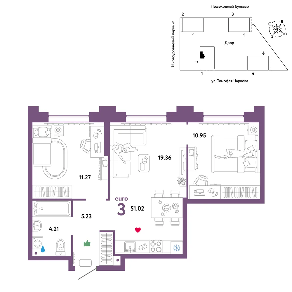 Планировка 3-комн. квартира, 51.02 м² ЖК «Микрорайон Звездный»
