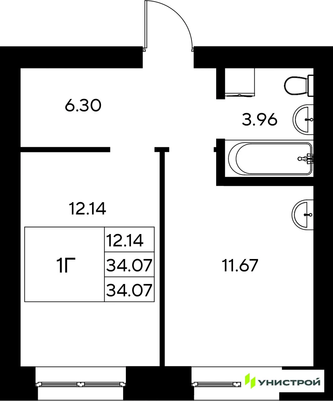 Планировка 1-комн. квартира, 34.07 м² ЖК «Царёво City»