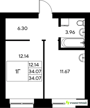 Планировка 1-комн. квартира, 34.07 м² ЖК «Царёво City»