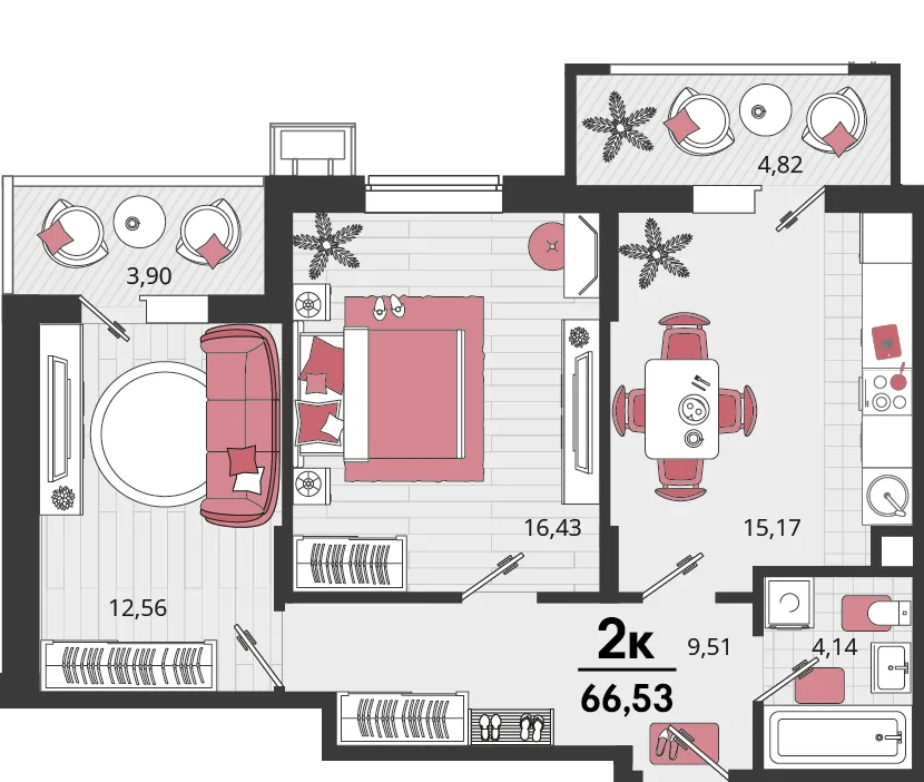 Планировка 2-комн. квартира, 66.53 м² ЖК «Родные просторы»