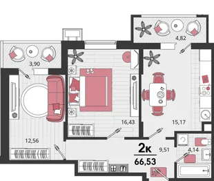Планировка 2-комн. квартира, 66.53 м² ЖК «Родные просторы»