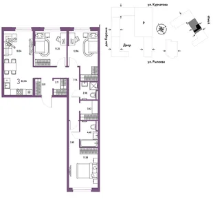 Планировка 3-комн. квартира, 82.48 м² ЖК «Остров-сад»