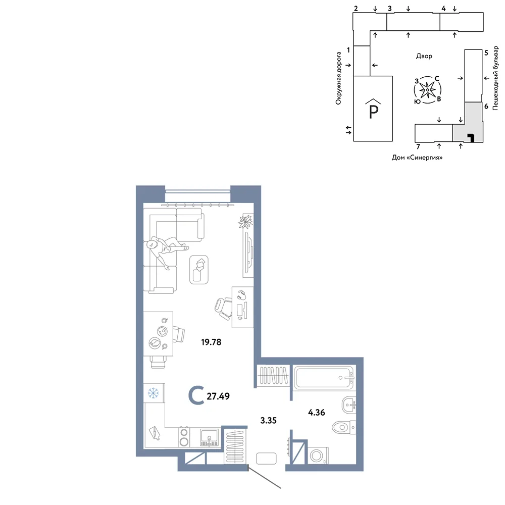 Планировка Студия, 27.49 м² ЖК «Юнион»
