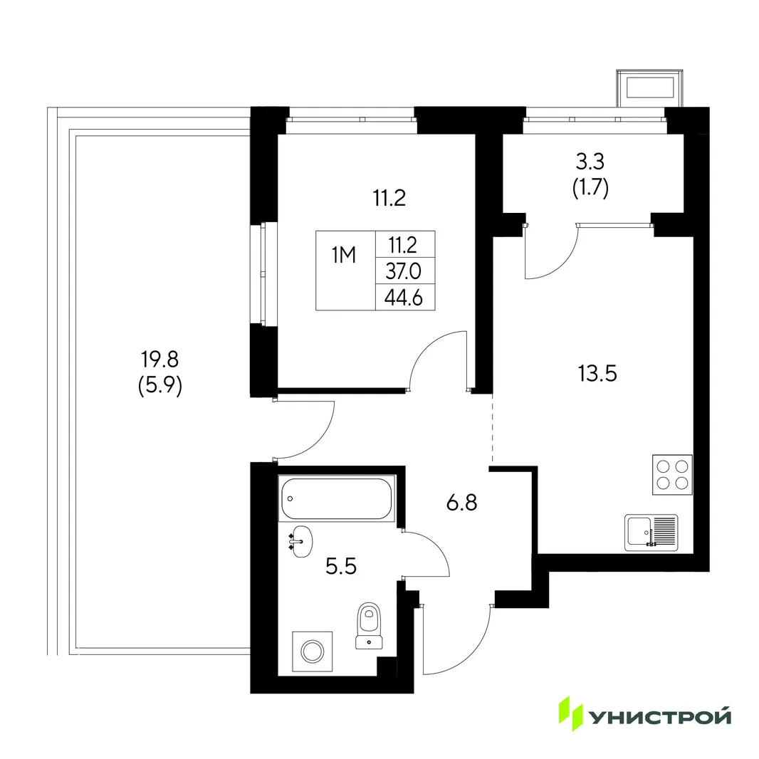 Планировка 1-комн. квартира, 44.6 м² ЖК «Стадиум»