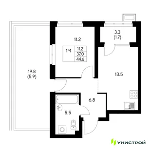 Планировка 1-комн. квартира, 44.6 м² ЖК «Стадиум»
