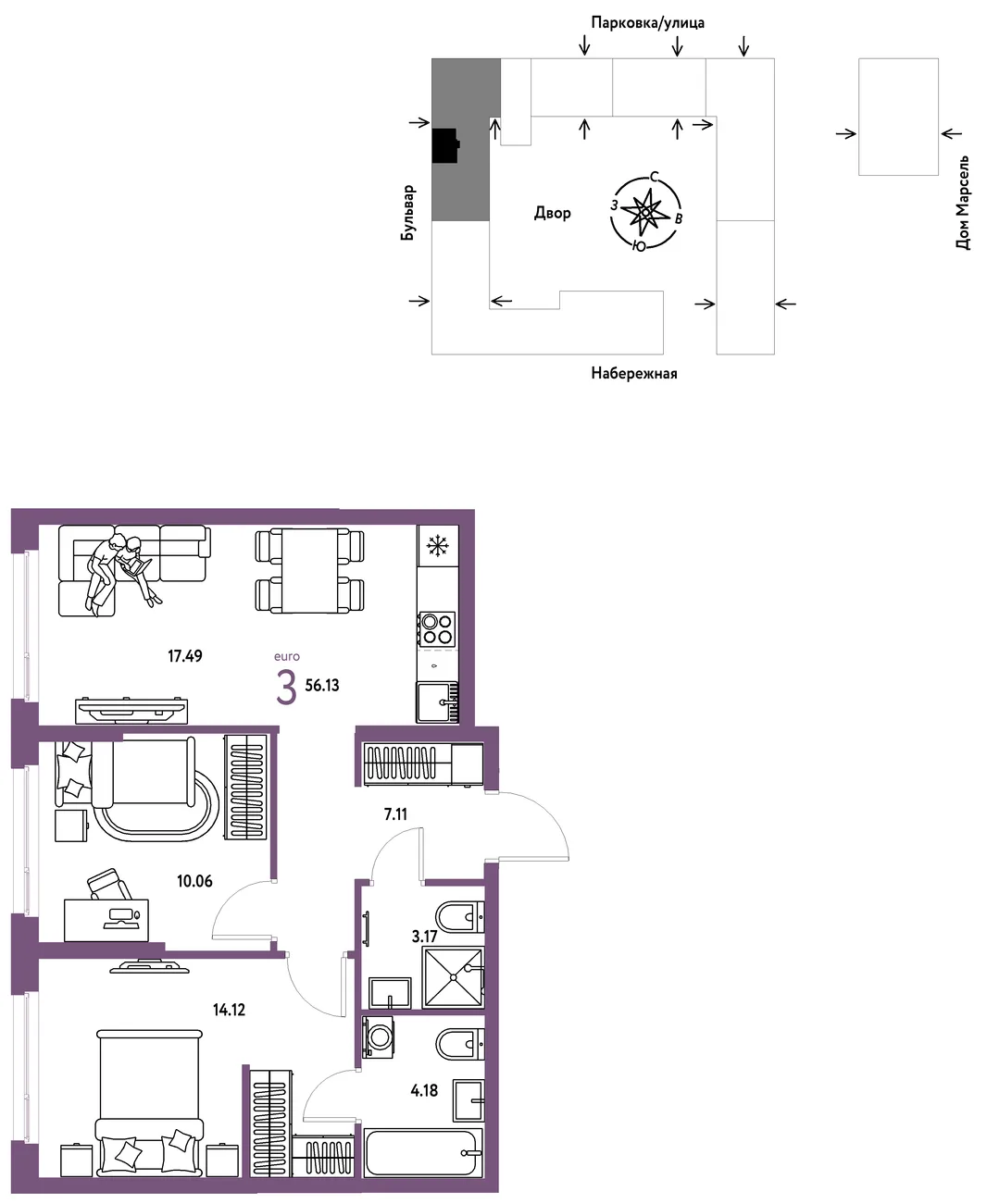 Планировка 3-комн. квартира, 56.13 м² ЖК «Европейский берег 2.0»