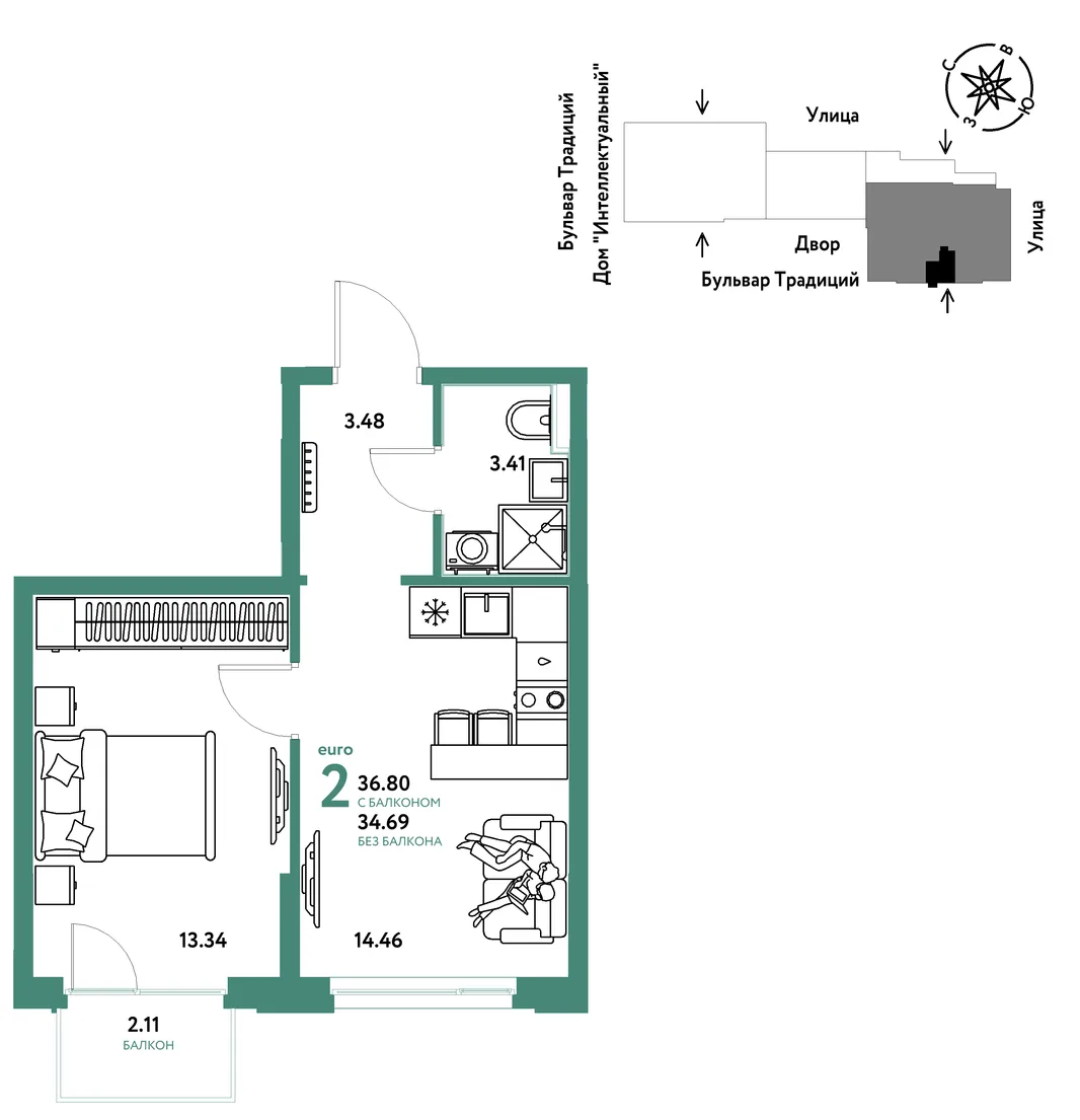 Планировка 2-комн. квартира, 36.8 м² ЖК «Микрорайон Домашний»