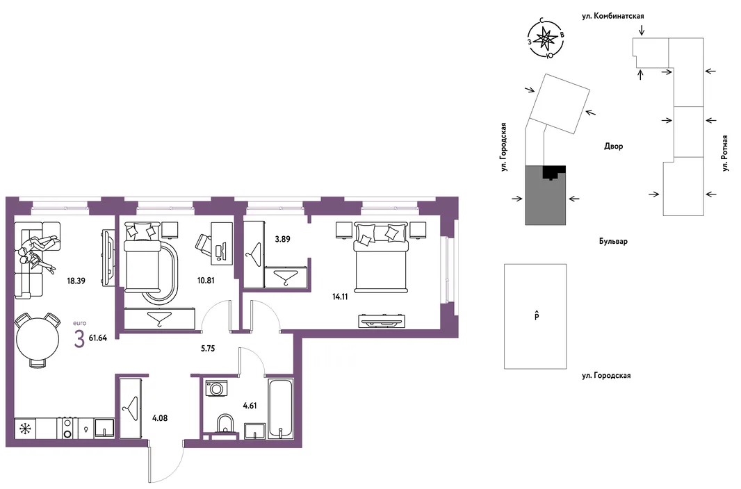 Планировка 3-комн. квартира, 61.64 м² ЖК «Уральский сад»