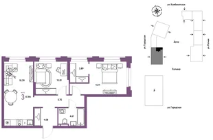 Планировка 3-комн. квартира, 61.64 м² ЖК «Уральский сад»