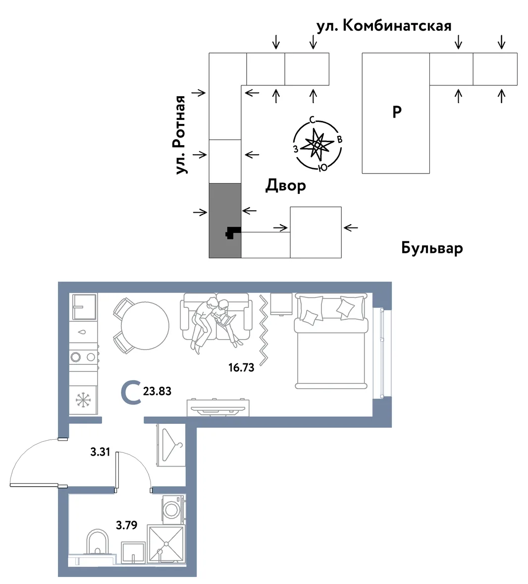 Планировка Студия, 23.83 м² ЖК «Уральский сад»