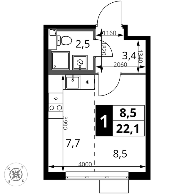 Планировка Студия, 22.1 м² ЖК «1-й Шереметьевский» Планировка Студия, 22.1 м² ЖК «1-й Шереметьевский»