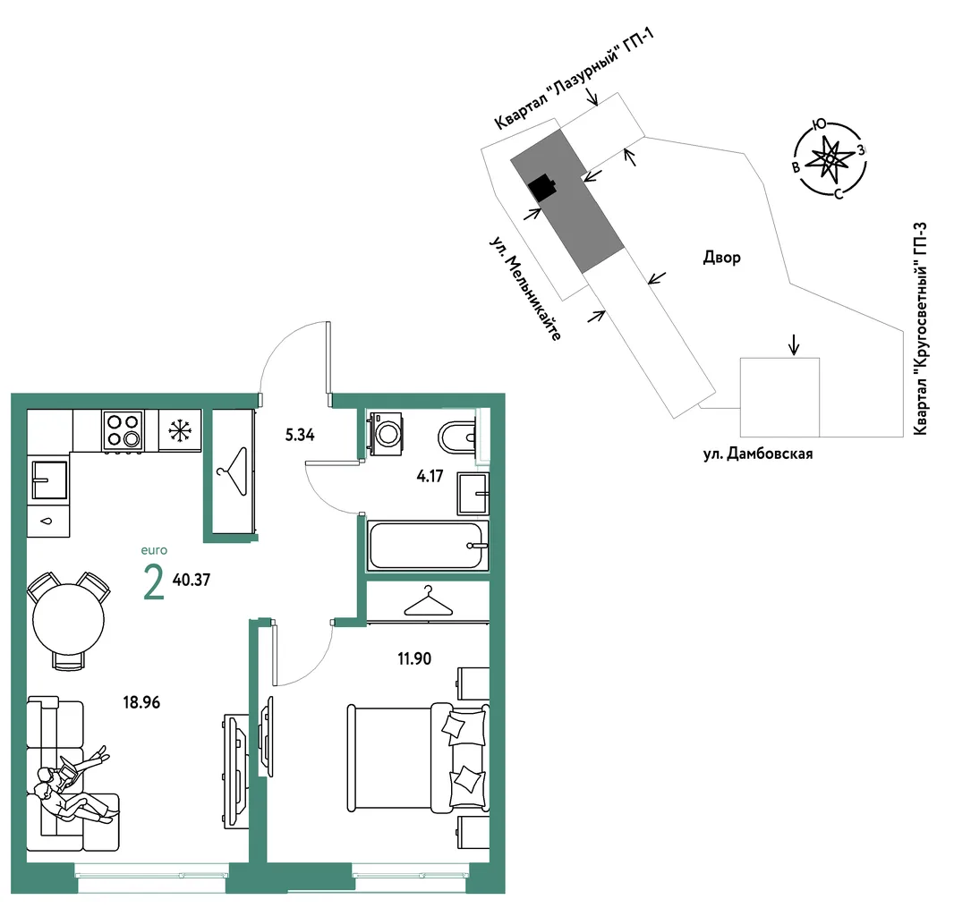 Планировка 2-комн. квартира, 40.37 м² ЖК «Страна Прибрежная»