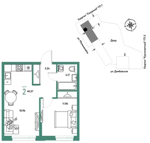 Планировка 2-комн. квартира, 40.37 м² ЖК «Страна Прибрежная»