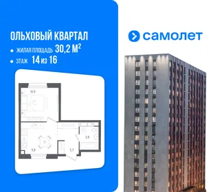 Планировка 1-комн. квартира, 30.2 м² ЖК «Ольховый Квартал»