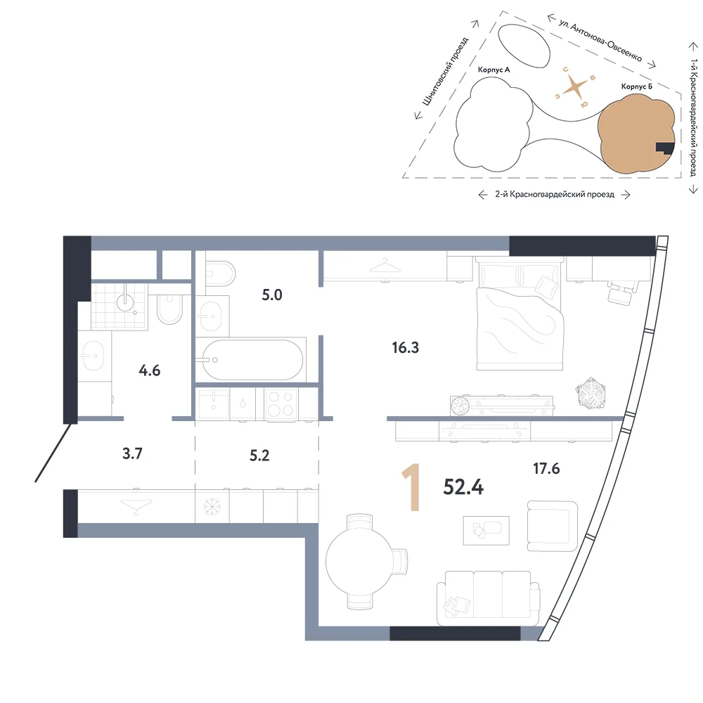 Планировка 1-комн. квартира, 52.4 м² ЖК «АУРУС Резиденции»