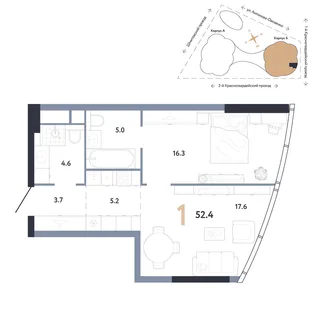 Планировка 1-комн. квартира, 52.4 м² ЖК «АУРУС Резиденции»