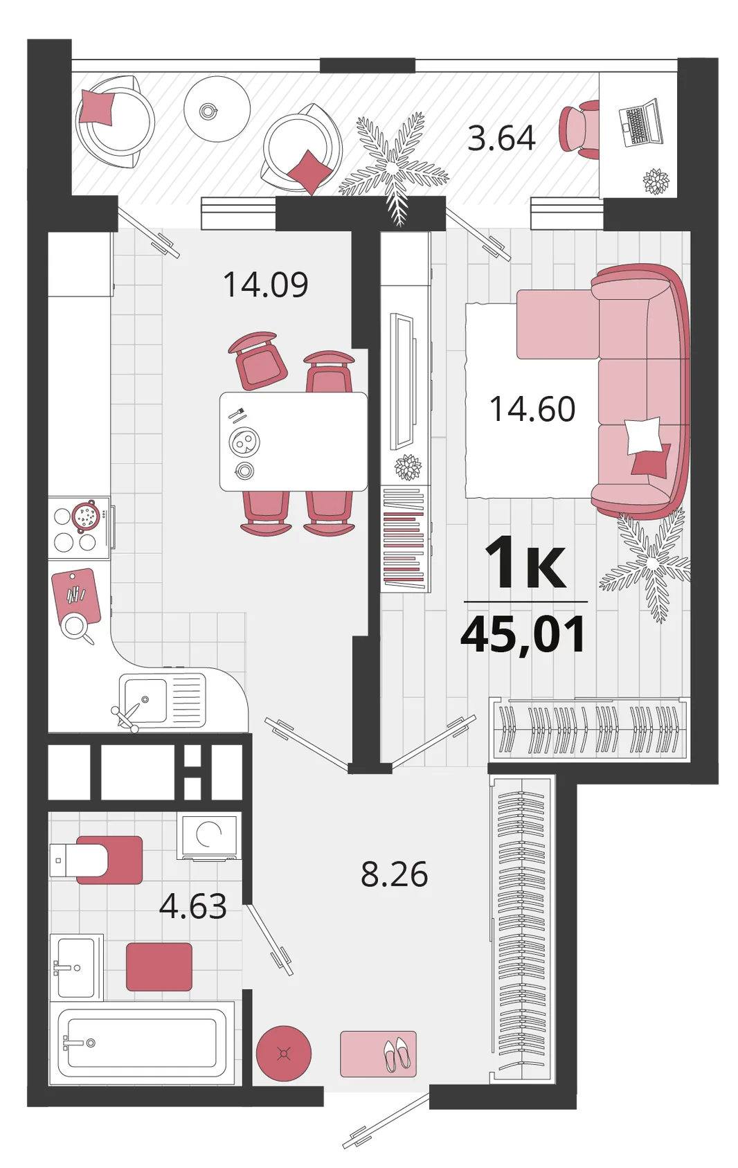 Планировка 1-комн. квартира, 45.45 м² ЖК «Родные просторы»