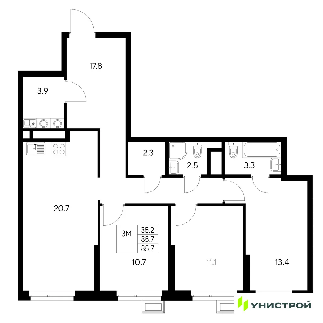 Планировка 3-комн. квартира, 85.7 м² ЖК «Стадиум»