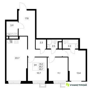 Планировка 3-комн. квартира, 85.7 м² ЖК «Стадиум»