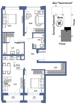 Планировка 4-комн. квартира, 84.45 м² ЖК «Микрорайон Домашний»