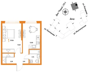 Планировка 1-комн. квартира, 39.84 м² ЖК «Страна.Парковая»