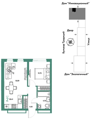 Планировка 2-комн. квартира, 38.41 м² ЖК «Микрорайон Домашний»