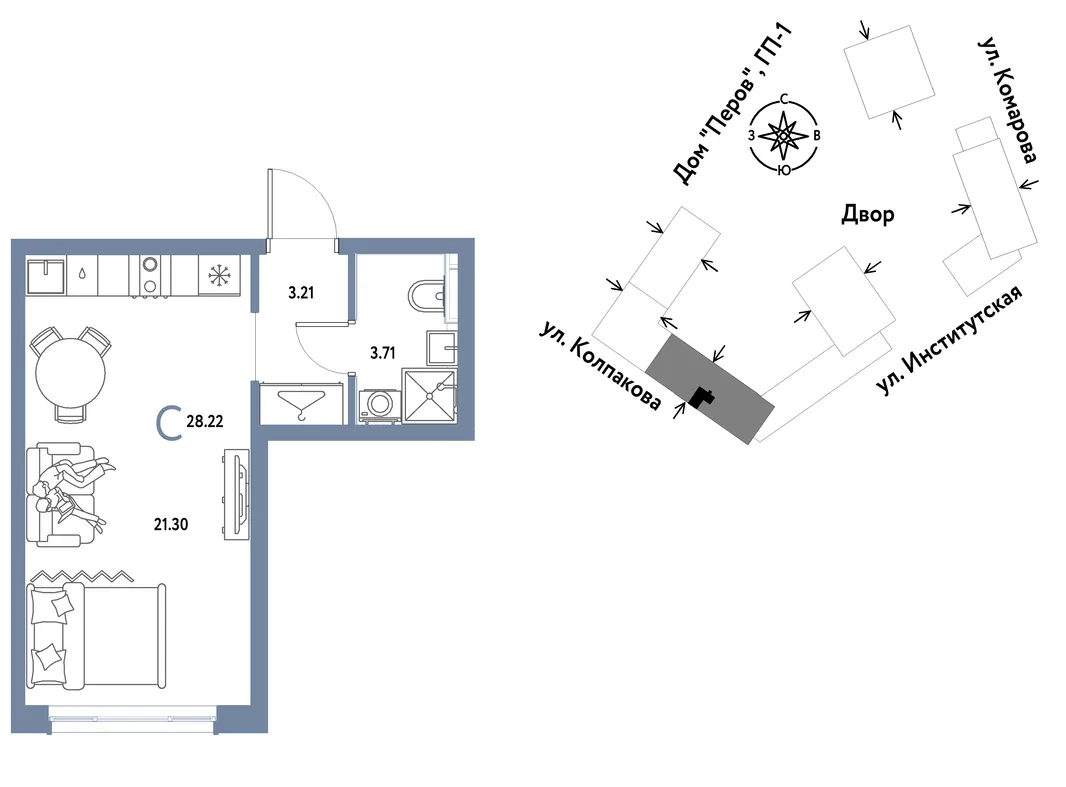 Планировка Студия, 28.22 м² ЖК «Страна.Парковая»