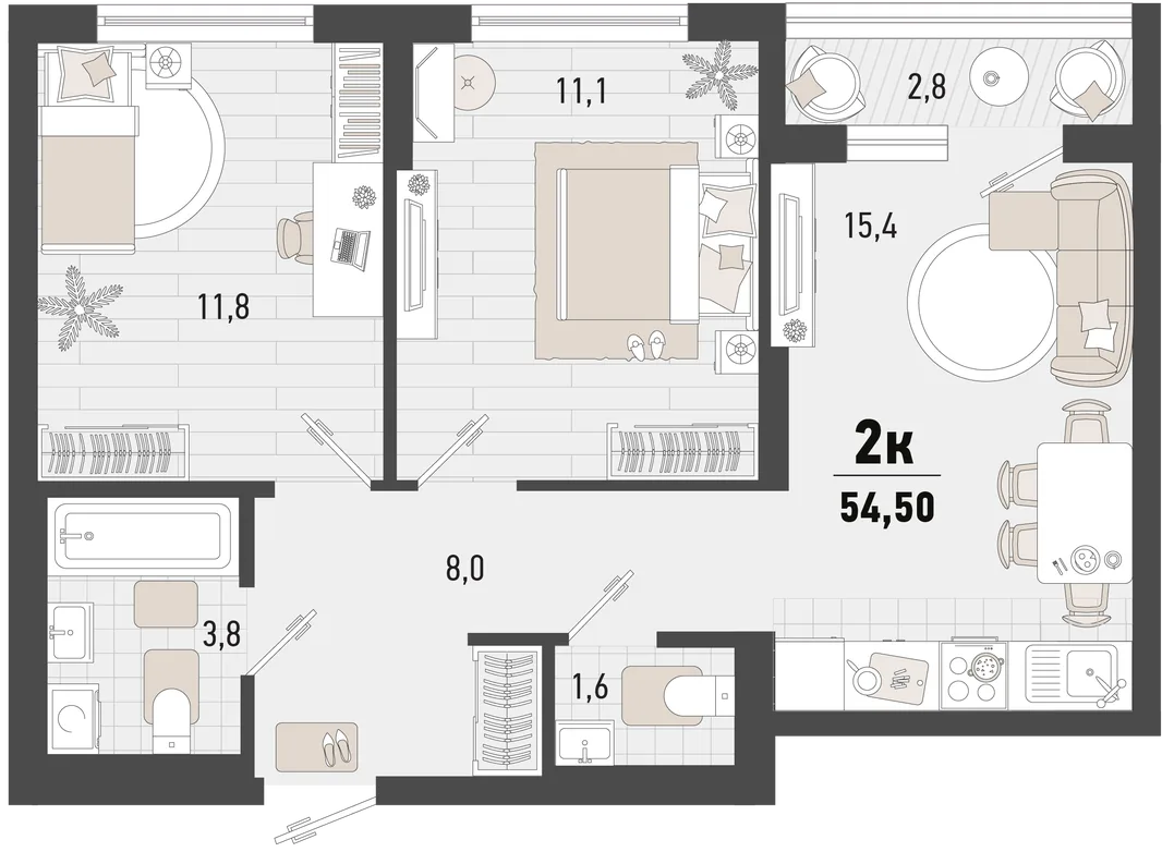 Планировка 2-комн. квартира, 54.5 м² ЖК «Барса»