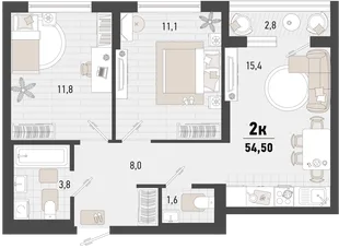 Планировка 2-комн. квартира, 54.5 м² ЖК «Барса»