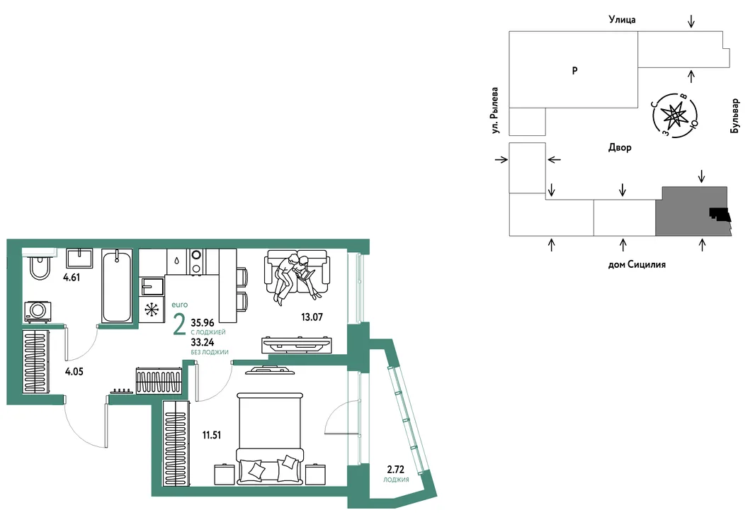 Планировка 2-комн. квартира, 35.96 м² ЖК «Остров-сад»