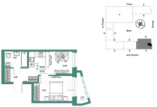 Планировка 2-комн. квартира, 35.96 м² ЖК «Остров-сад»
