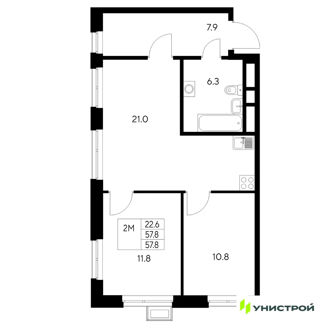 Планировка 2-комн. квартира, 57.8 м² ЖК «Стадиум»