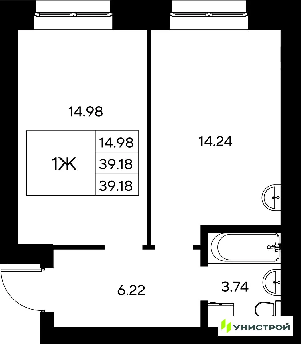 Планировка 1-комн. квартира, 39.18 м² ЖК «Царёво City»