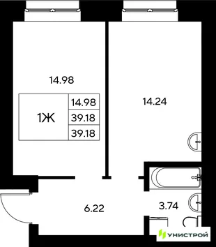 Планировка 1-комн. квартира, 39.18 м² ЖК «Царёво City»