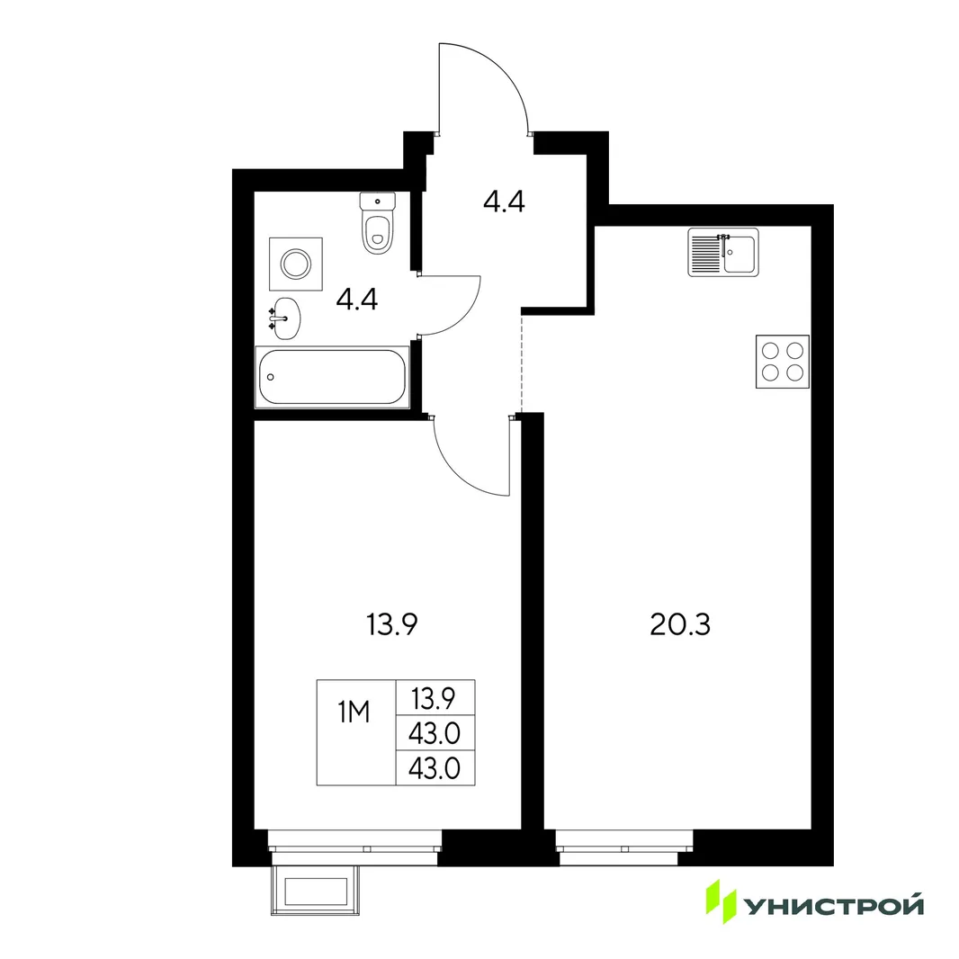 Планировка 1-комн. квартира, 43 м² ЖК «Стадиум»