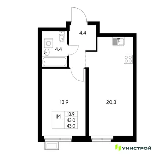 Планировка 1-комн. квартира, 43 м² ЖК «Стадиум»