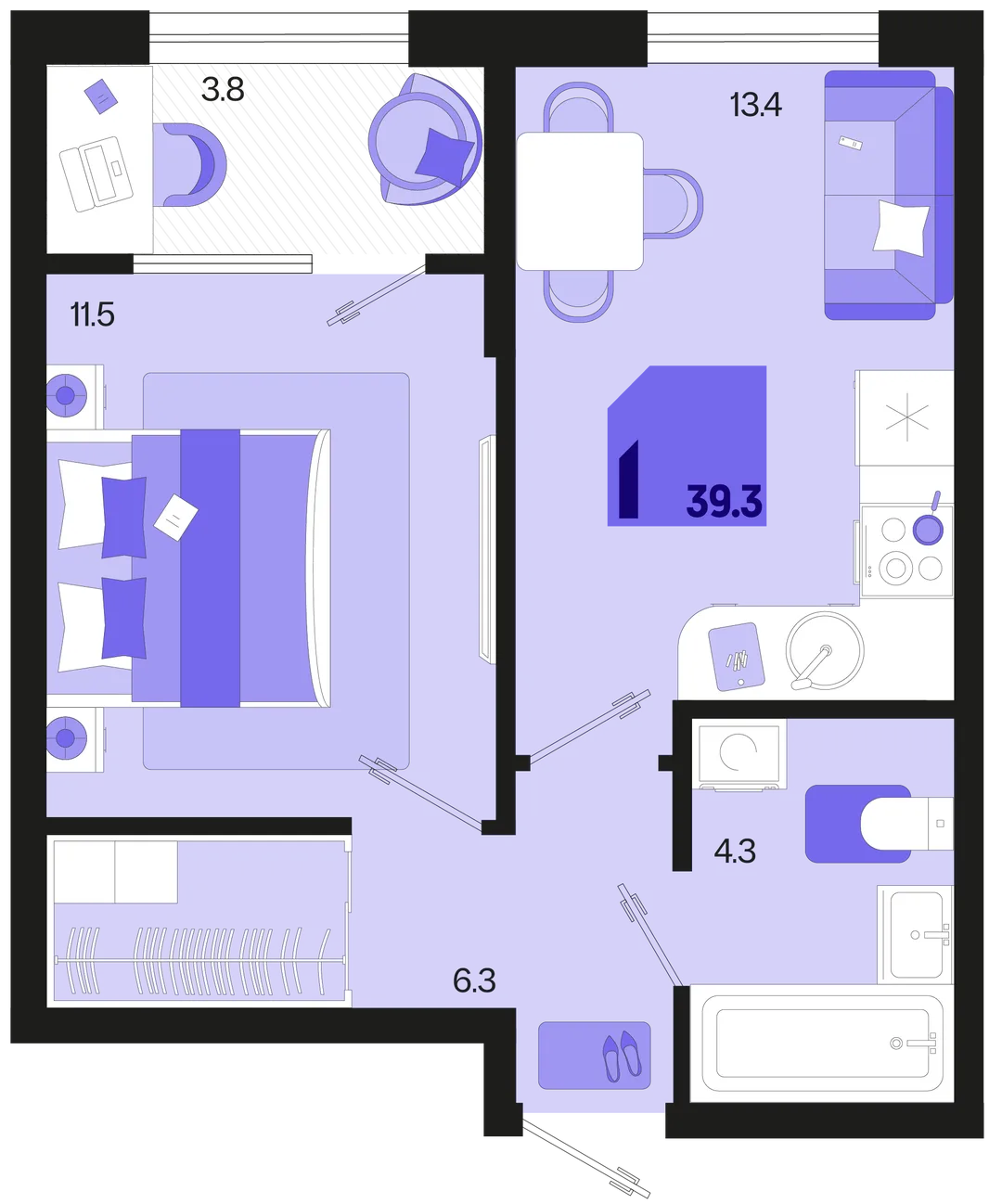 Планировка 1-комн. квартира, 39.3 м² ЖК «Первое место»