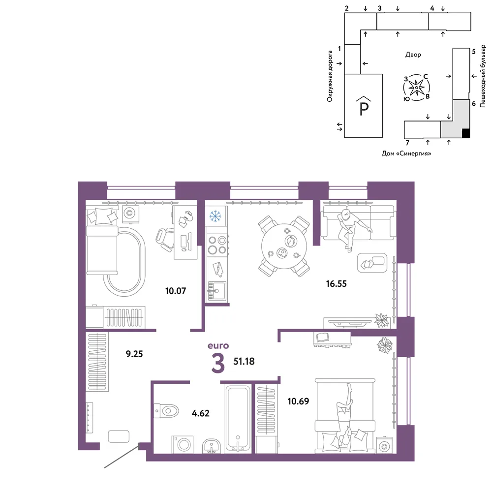 Планировка 3-комн. квартира, 51.18 м² ЖК «Юнион»