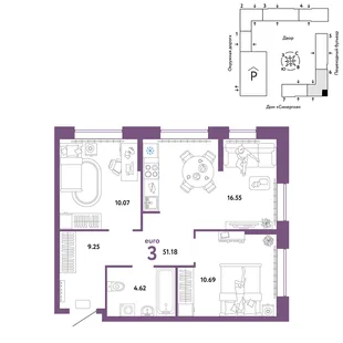 Планировка 3-комн. квартира, 51.18 м² ЖК «Юнион»