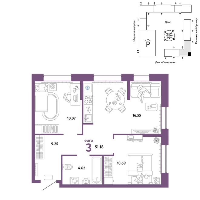 Планировка 3-комн. квартира, 51.18 м² ЖК «Юнион» Планировка 3-комн. квартира, 51.18 м² ЖК «Юнион»